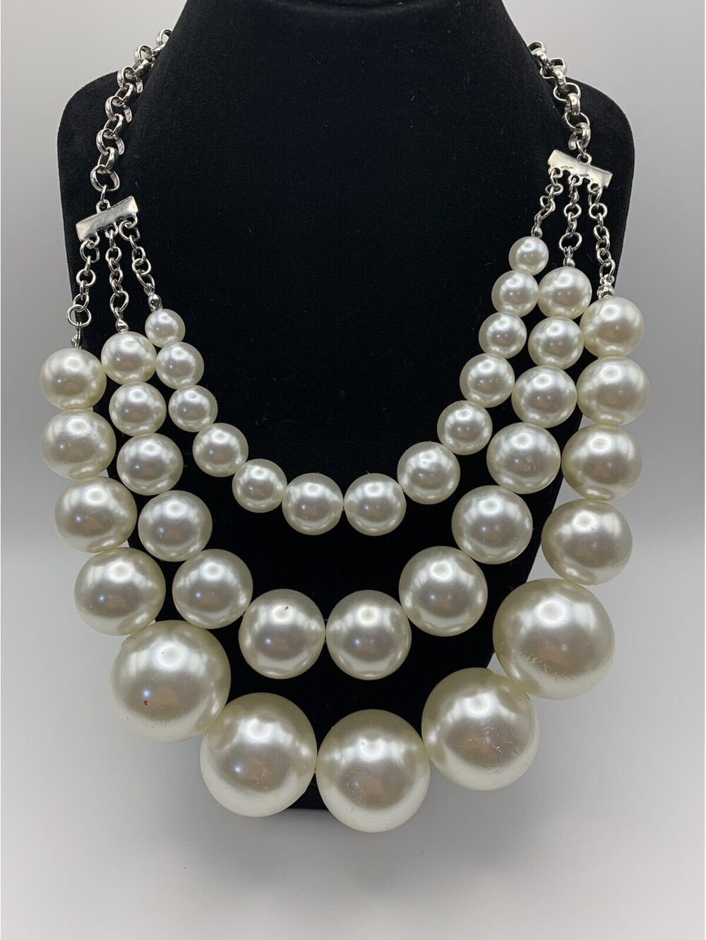 C 1946 Faux Pearl Necklace Triple Strand Oversized Statement Silver Tone 20”-23”